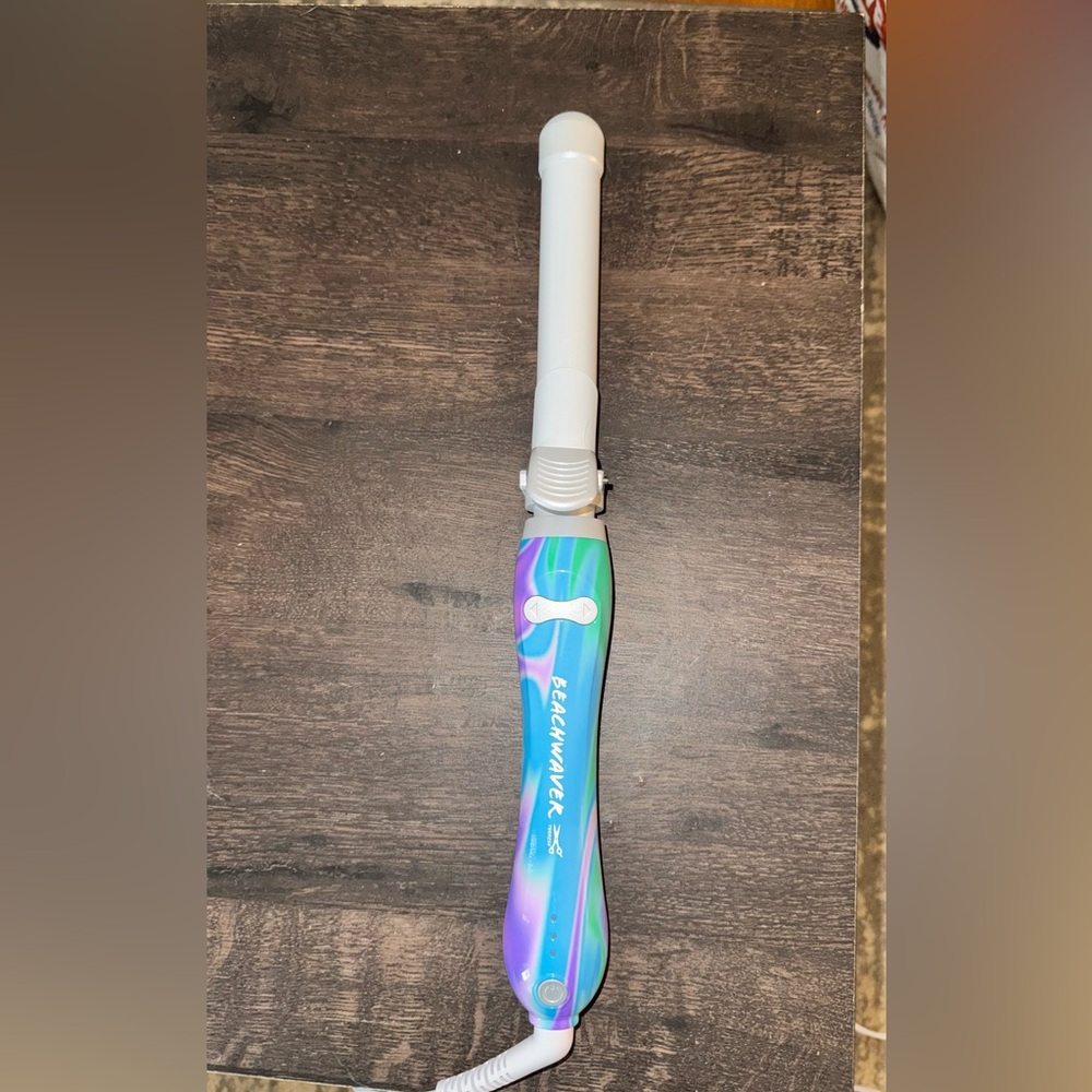 The Beachwaver Co. White Curling Iron with Purple, Blue & Green Swirl Handle